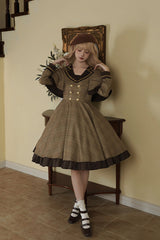Brown [Baker Street Stories] Stripe Print Ruffle Fake Two Pieces British College Style Classic Lolita Dress - Product - 5