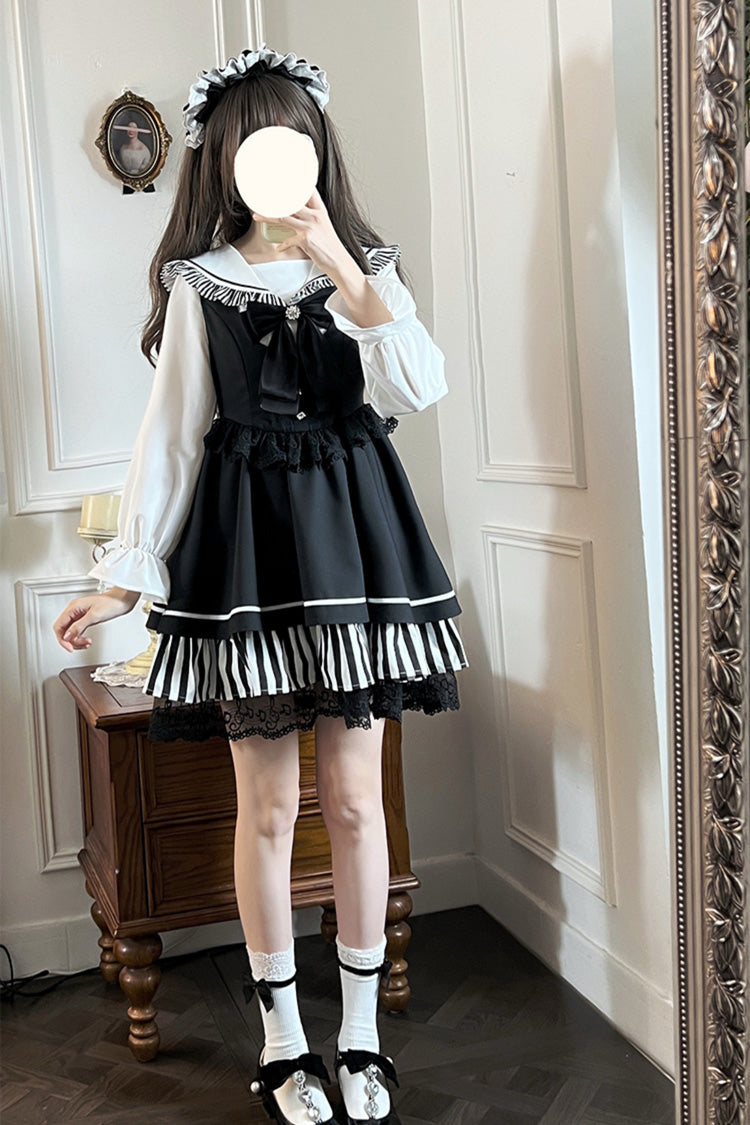 Black [Twilight Song] Stripe Print Bowknot Lace Jirai Kei Jumper Dress - Product - 8