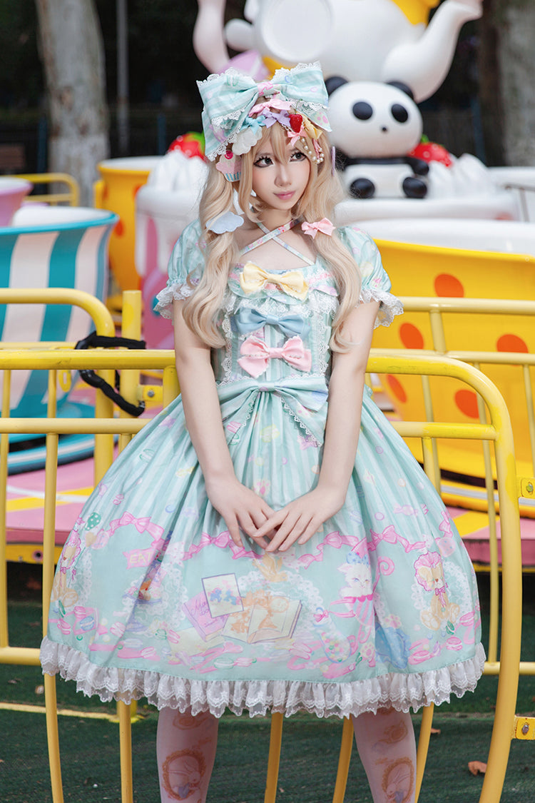 [Macaron Dolly House] Doll Collar Short Sleeves Print Bowknot Sweet Lolita Dress 3 Colors - Product - 3