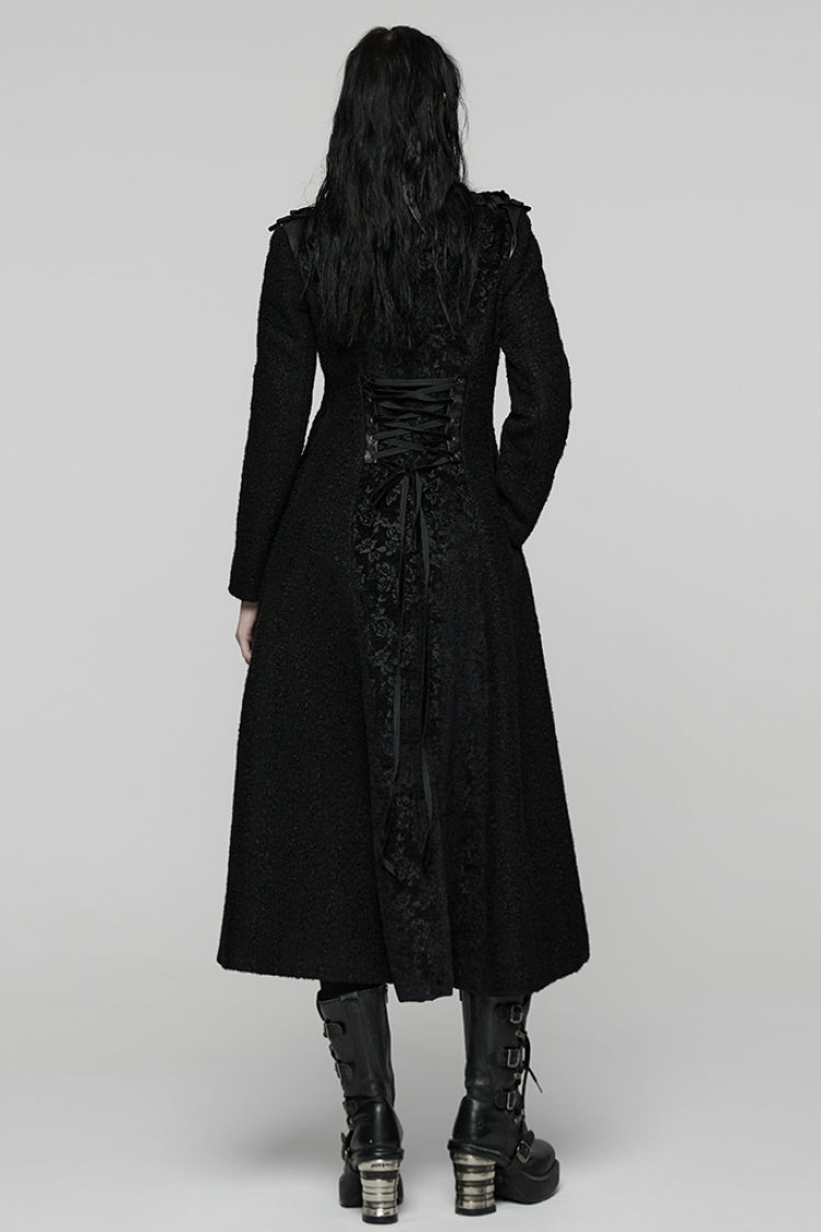 Black Stand Collar Long Sleeves Jacquard Zipper Double-Breasted Women's Punk Coat - Product - 3