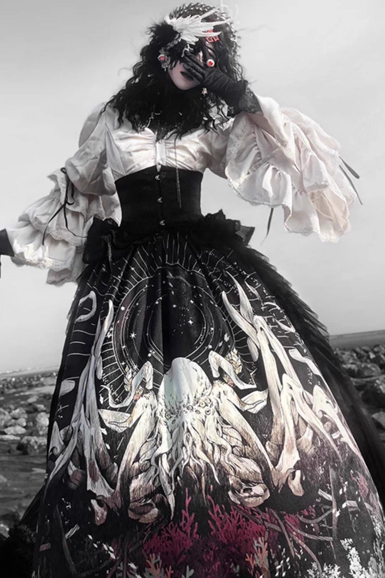 Black [Reborn Ancient God] Long Hime Sleeves Print Lace Gothic Lolita Skirt Dress Set - Product - 7