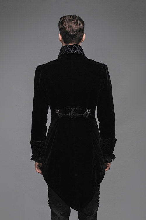Black Embroidered Collar Long Sleeves Mens Velveteen Tuxedo Gothic Coat - Product - 5