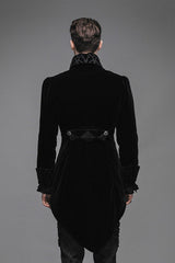 Black Embroidered Collar Long Sleeves Mens Velveteen Tuxedo Gothic Coat - Product - 5