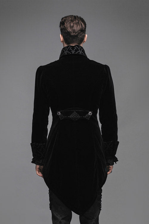 Black Embroidered Collar Long Sleeves Mens Velveteen Tuxedo Gothic Coat - Product - 5