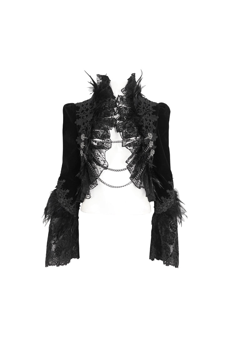 Black Stand Collar Trumpet Sleeves Embroidery Stitching Lace Women's Gothic Jacket - Product - 6