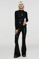 Black Cross Stitching Metal Ring Women's Steampunk Flared Pants - Product - 4