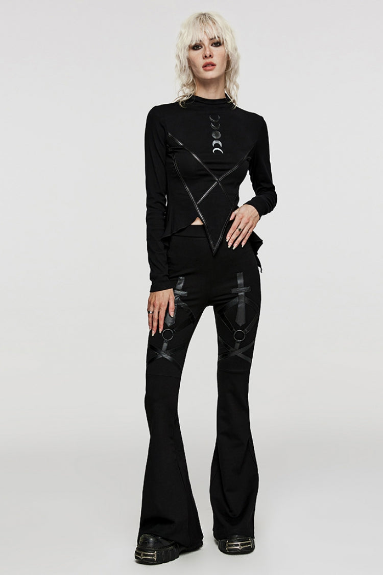 Black Cross Stitching Metal Ring Women's Steampunk Flared Pants - Product - 4