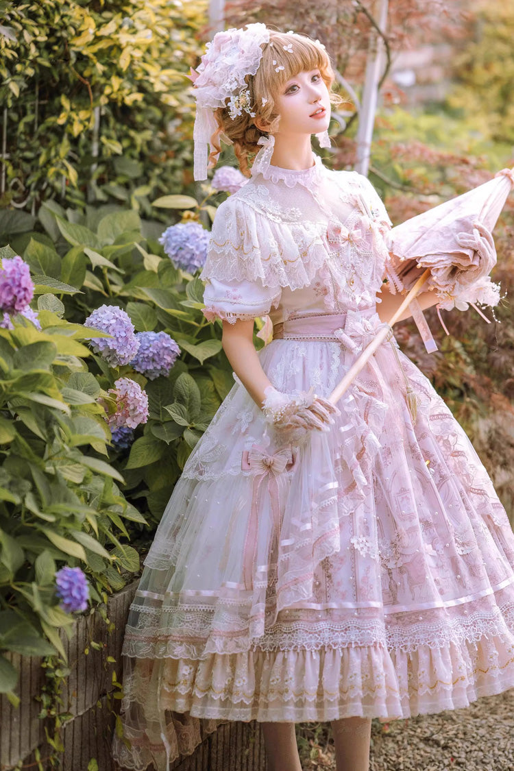 White/Pink [Realm of Sunset] Short Sleeves Printed Ruffled Hanayome Bow Lace Gorgeous Sweet Lolita Dress Set - Product - 8