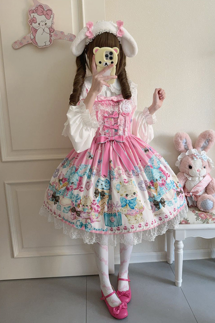 Pink [Floral Whisper] Bear Print Ruffle Bowknot Lace Sweet Princess Lolita Jsk Dress - Product - 2