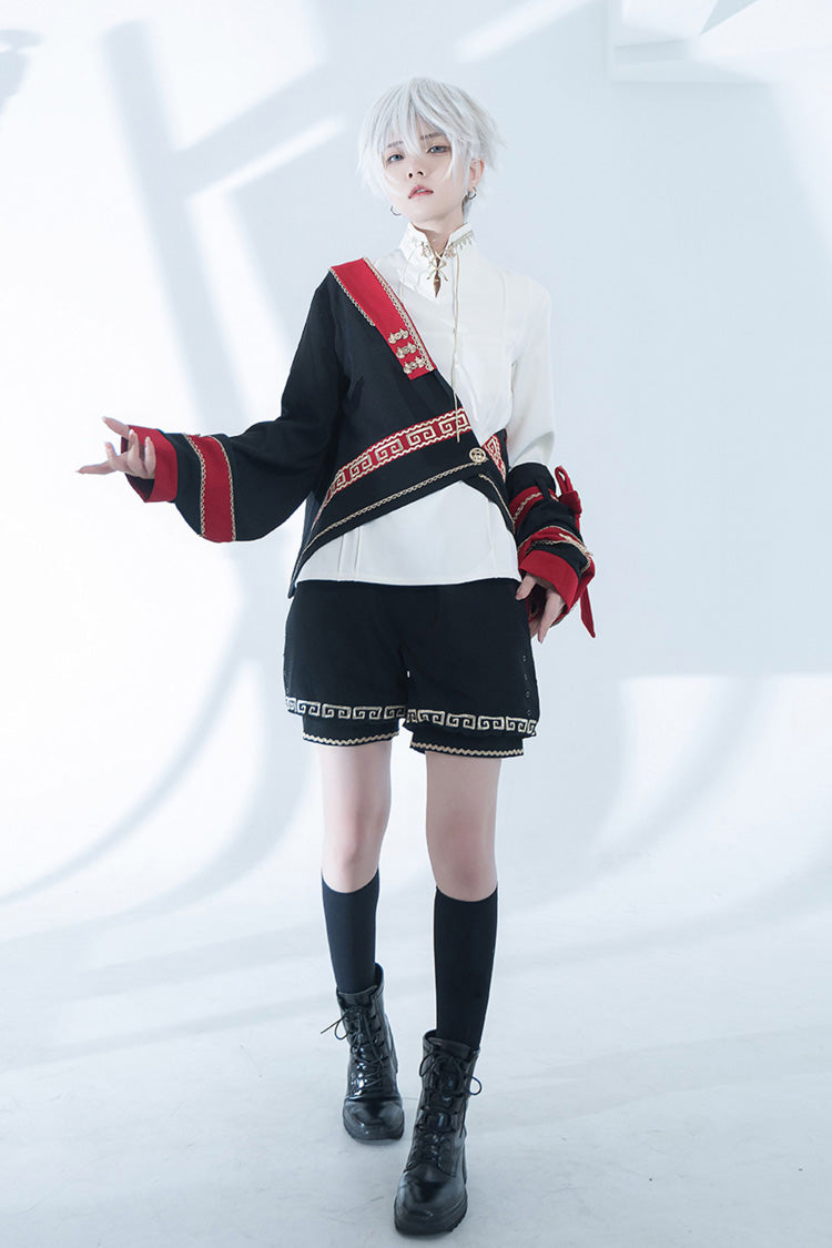 [Cangzhu] Stand Collar Long Sleeves Embroidered Asymmetric Classic Chinese Inspired Vintage Ouji Lolita Shorts Set - Product - 11