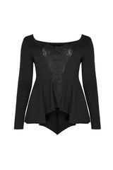 Black Big Round Collar Front Chest Decals Long Sleeve Back Waist Lace-Up Frill Hem Plus Size Women's Gothic T-Shirt - Product - 5