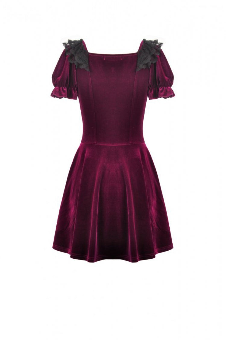 Wine Red Square Collar Short Puff Sleeves Velvet Patchwork Lace Lace-Up Women's Gothic Dress - Product - 14