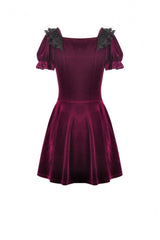 Wine Red Square Collar Short Puff Sleeves Velvet Patchwork Lace Lace-Up Women's Gothic Dress - Product - 14