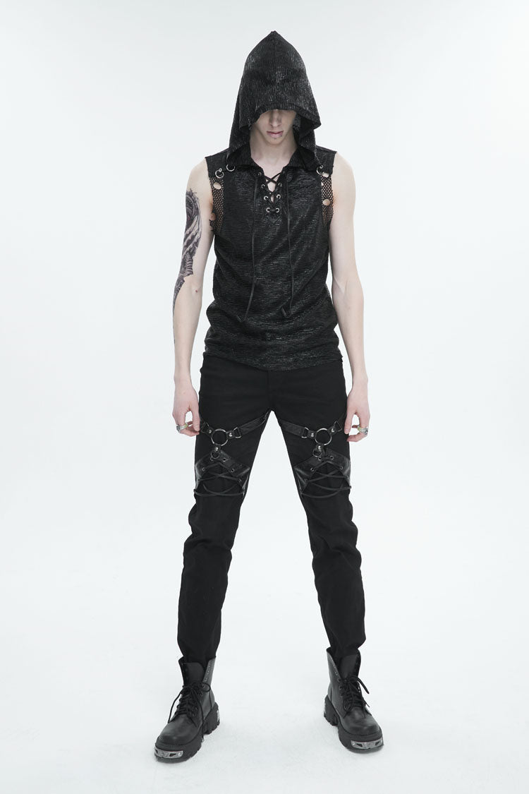 Black Strappy Mesh Splice Men's Punk Vest With Hood - Product - 4