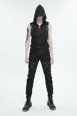 Black Strappy Mesh Splice Men's Punk Vest With Hood - Product - 4