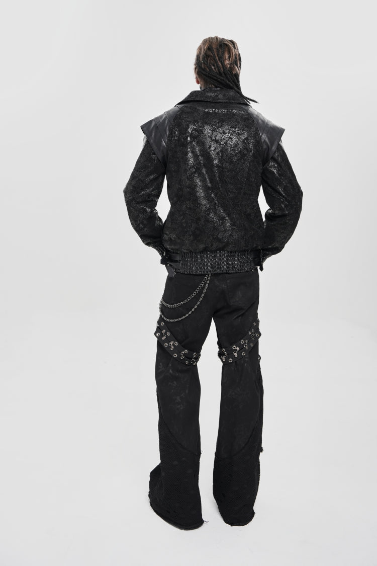 Black Faux Leather Stitching Buckle Zipper Straps Men's Punk Coat - Product - 13