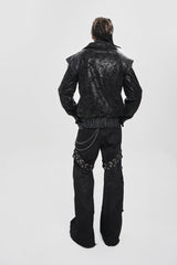 Black Faux Leather Stitching Buckle Zipper Straps Men's Punk Coat - Product - 13