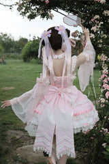 Pink [Prelude of Spring Cherry] Square Collar Sleeveless Multi-Layered Jacquard Ruffled Bow Lace Pearl-Decorated Sweet Lolita Jsk Dress - Product - 10