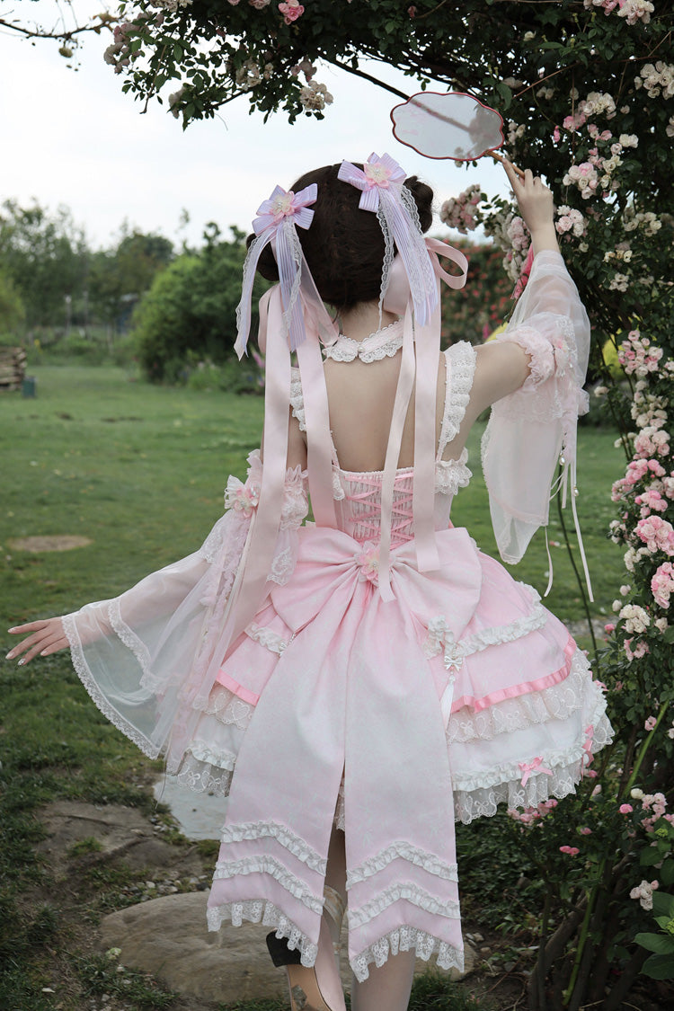 Pink [Prelude of Spring Cherry] Square Collar Sleeveless Multi-Layered Jacquard Ruffled Bow Lace Pearl-Decorated Sweet Lolita Jsk Dress - Product - 10
