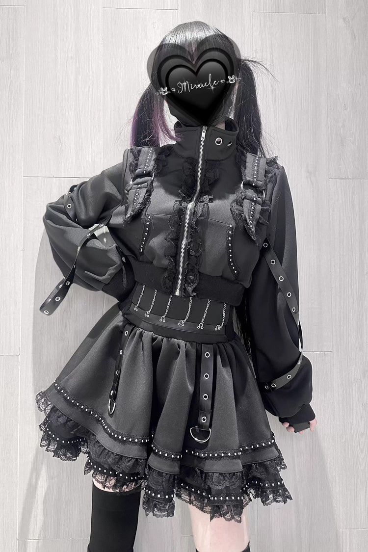 Black [False Judgment] Ruffled Lace Zippered Gothic Jirai Kei Japanese Handsome Skirt Set - Black - 1