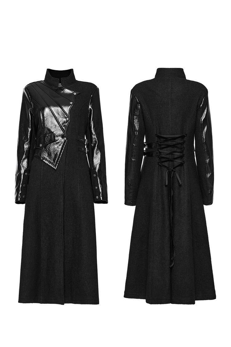 Black Stand Collar Print Faux Leather Stitching Womens Gothic Coat - Product - 5