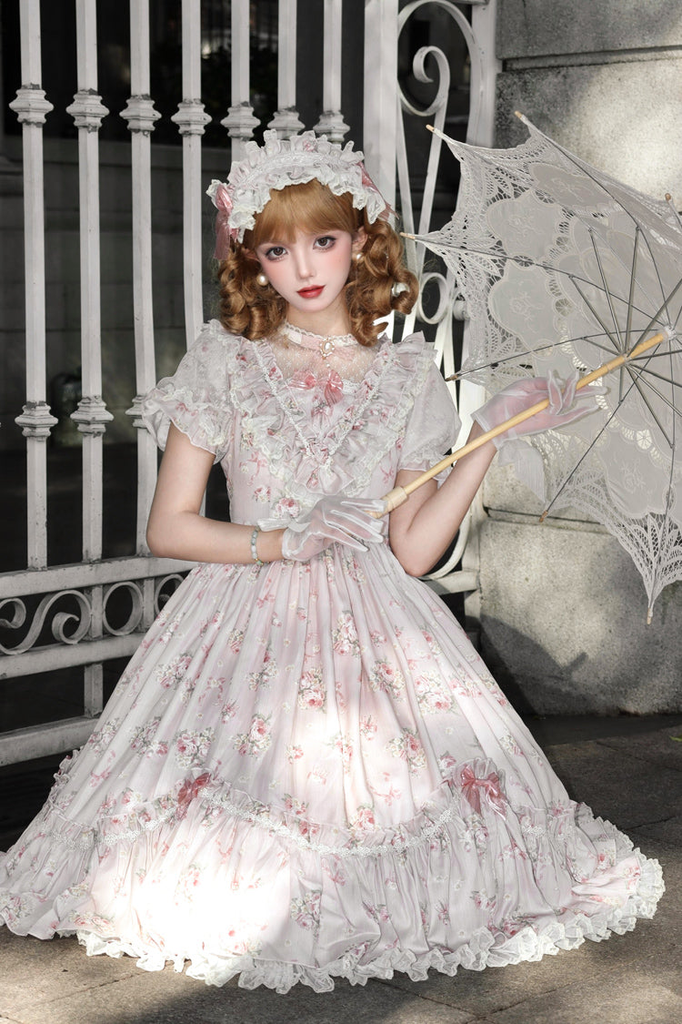 [Daydream Rose] Short Sleeves Floral Jacquard Print Ruffle Embroidery Bowknot Sweet Lolita Dress 3 Colors - Product - 17