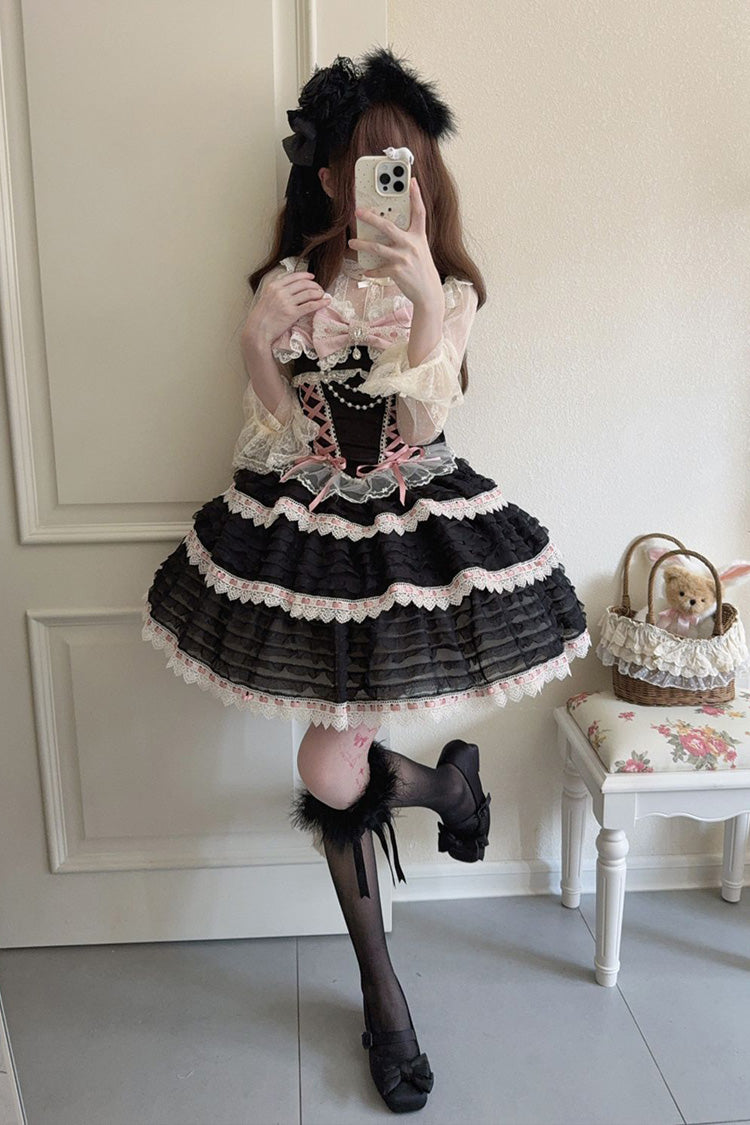 Black [Song of Floral Letters] Sleeveless Triple-Layered Bowknot Lace-Up Sweet Lolita Jsk Dress - Product - 4