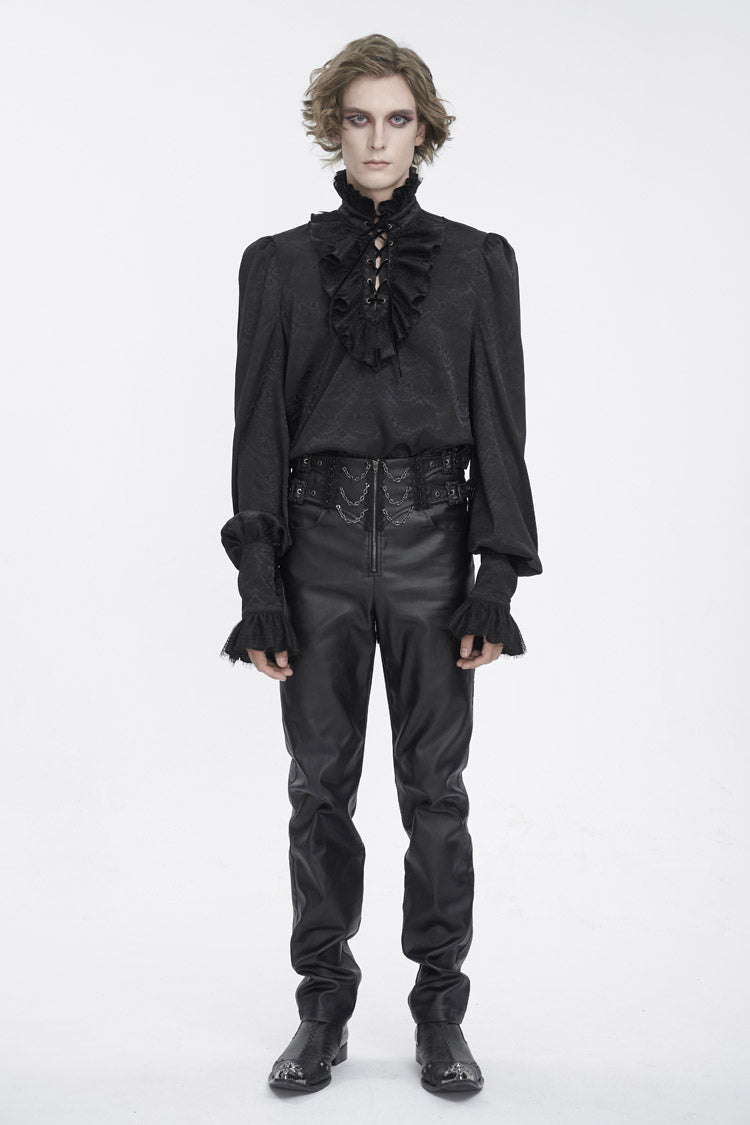 Black Stand Collar Long Sleeves Jacquard Ruffle Men's Gothic Blouse - Product - 3