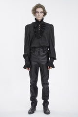 Black Stand Collar Long Sleeves Jacquard Ruffle Men's Gothic Blouse - Product - 3