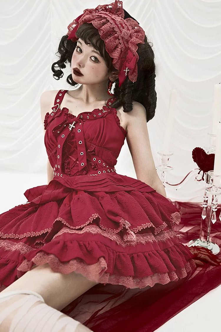 [Covenant Cross] Sleeveless Triple-Layered Ruffle Bowknot Lace-Up Gothic Lolita Jsk Dress 6 Colors - Product - 13