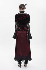 Red  Long Trumpet Sleeves Lace Mesh Faux Two-Piece Pleated Eyelet Women's Gothic Palace Velvet Blouse - Product - 4