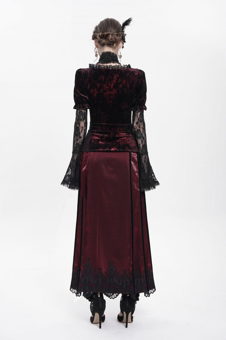 Red  Long Trumpet Sleeves Lace Mesh Faux Two-Piece Pleated Eyelet Women's Gothic Palace Velvet Blouse - Product - 4