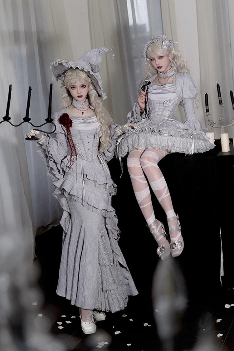 Silver Grey [Twilight] Ruffle Lace Irregular Gothic Witch Lolita Fishtail Skirt Set - Product - 3