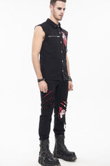 Black Punk Simple Everyday Stand Collar Print Sleeveless Men's Shirt - Product - 6
