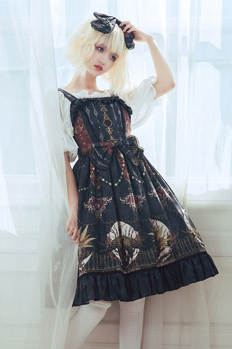 Dark Bule Bowknot Altar Of The Month Print Ruffled Classic Lolita Suspender Dress - Product - 3