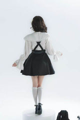 Black/White Lapel Collar Long Sleeves Ruffled Bow Classic Lolita Strap Dress Set - Product - 2