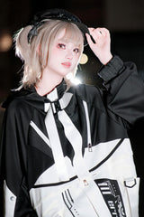 Black/White [Zero-Type Transformation] Techwear Long Sleeves Embroidered Hooded Punk Jirai Kei Shorts Coat Set - Product - 6