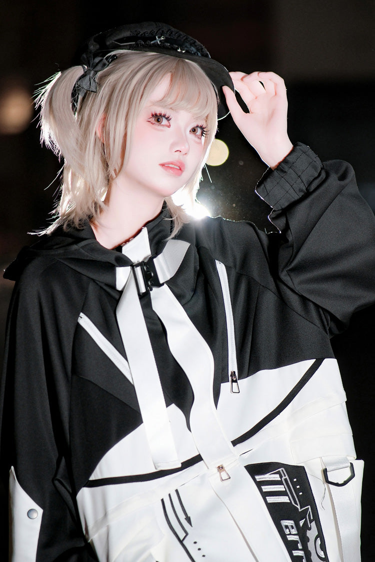 Black/White [Zero-Type Transformation] Techwear Long Sleeves Embroidered Hooded Punk Jirai Kei Shorts Coat Set - Product - 6