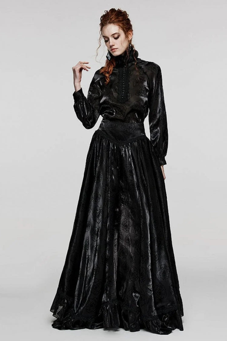 Black Stand Collar Long Lantern Sleeves Rose Print Hook-Button Womens Gothic Blouse - Product - 4