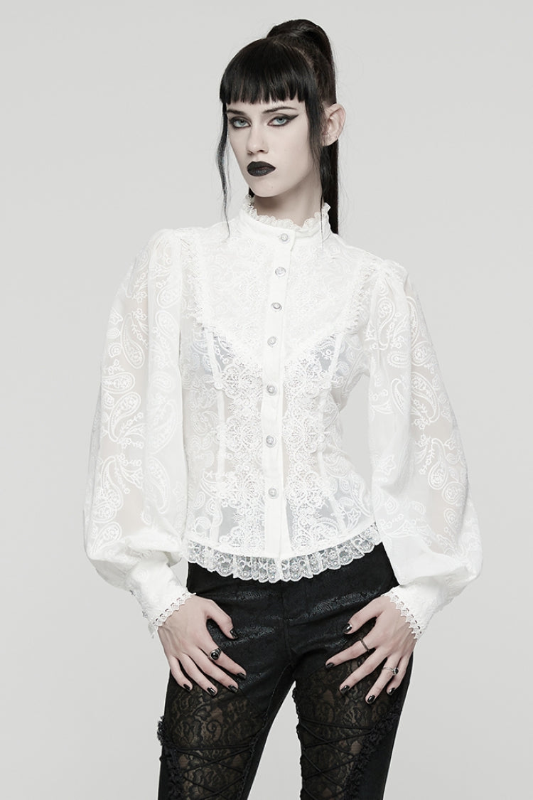 White Stand Collar Long Puff Sleeves Floral Embroidered Women's Gothic Blouse - White - 1