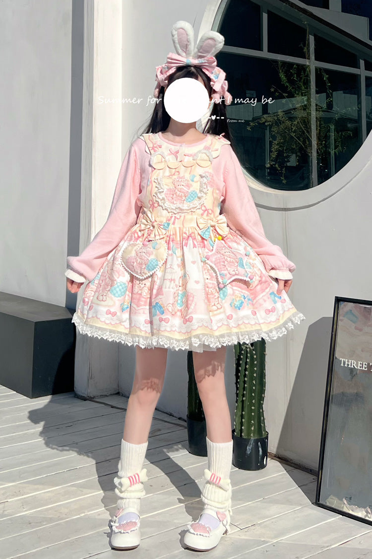 Kawaii Bears Print Yellow Bowknot Stitching Lace Sweet Lolita Strap Dress - Product - 2