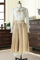 Blue Lapel Collar Long Sleeves High Waisted Lace-Up Wave Hem Classic Lolita Two-Piece Skirt Set - Khaki - 8