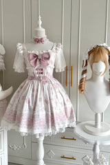 Pink [Teddy Bear Party] Square Collar Short Sleeves Printed Ruffled Bow Lace Sweet Jirai Kei Japanese Dress - Product - 2