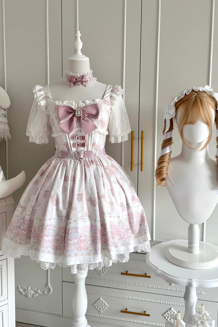 Pink [Teddy Bear Party] Square Collar Short Sleeves Printed Ruffled Bow Lace Sweet Jirai Kei Japanese Dress - Product - 2