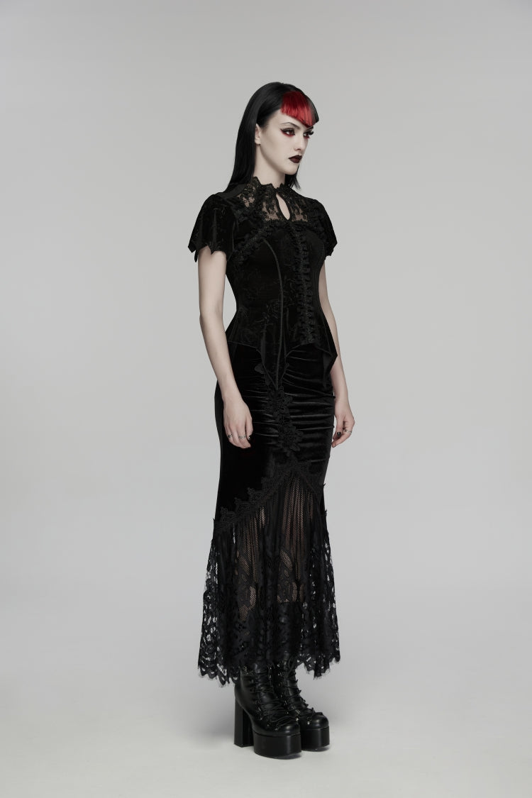 Black Stand Collar Short Sleeves Rose Printed Cut-Out Lace Women's Gothic Blouse - Product - 3