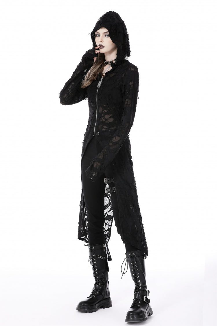 Black Long Sleeves Split Ripped Zippered Women's Punk Long Coat with Hood - Product - 7
