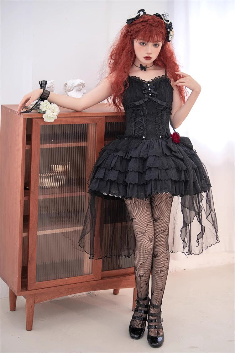 Black High Waisted Multi-layer Rose Bowknot Lace-Up Gothic Lolita Jsk Dress - Product - 4