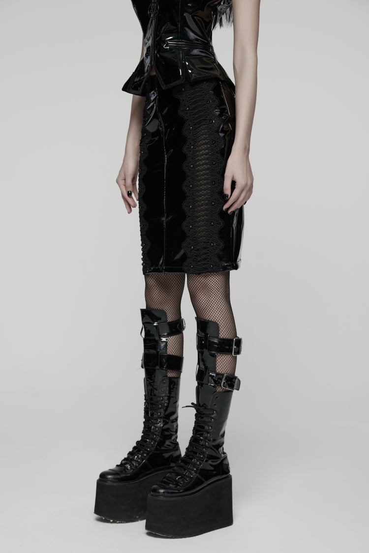 Black Spliced Lace Women's Gothic Lace Splice Faux Leather Skirt - Product - 9