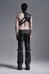 Black Stand Collar Sleeveless Irregular Asymmetric Studded Chain-Decorated Men's Gothic Handsome Cool Shoulder Harnesses - Product - 2