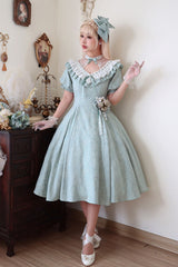 Green Short Sleeves Ruffle Bowknot Sweet Princess Lolita Dress - Green - 1